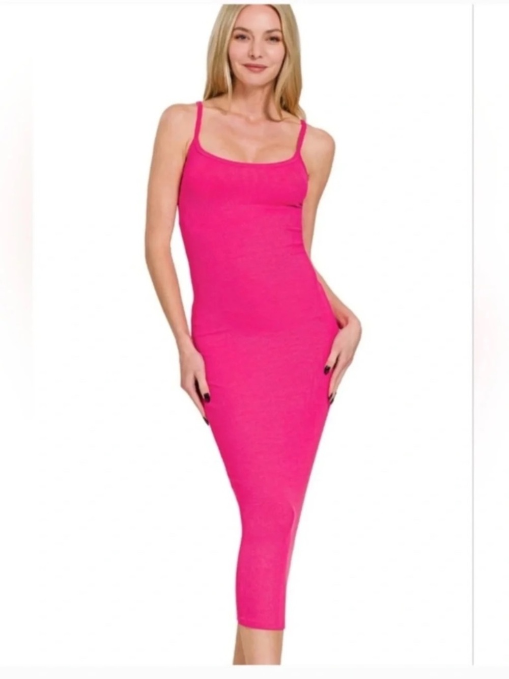 New Zenana Ribbed Bodycon Midi Long Dress Hot Pink Form Fitting Stretchy - Picture 9 of 9